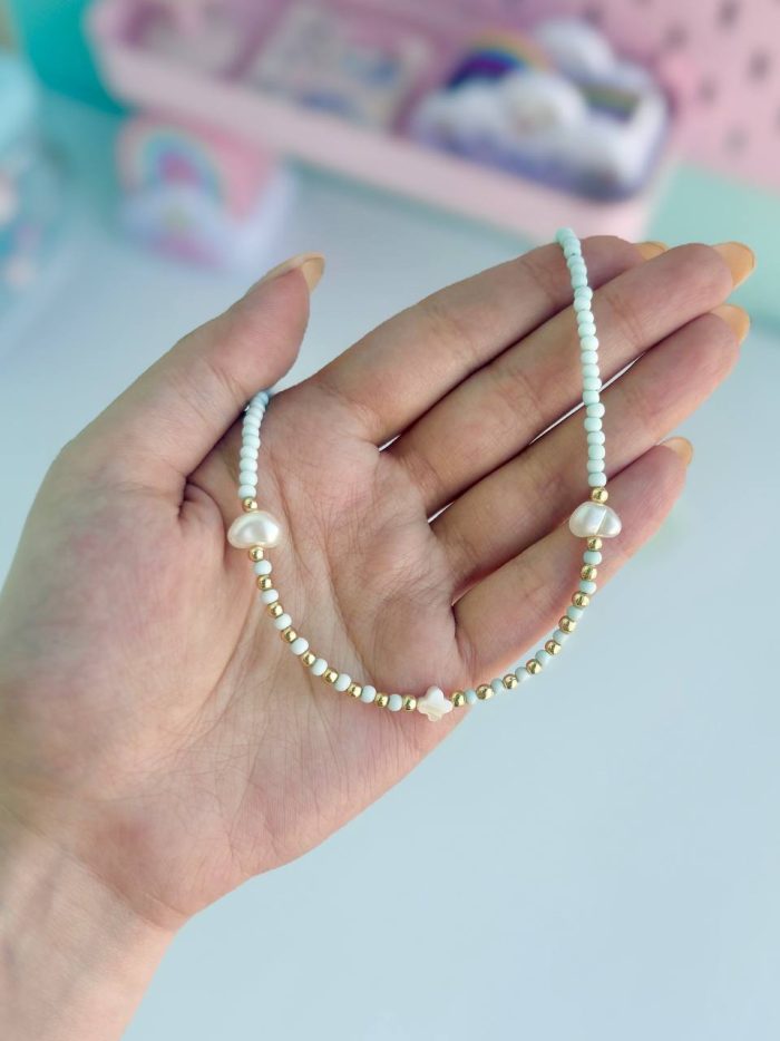 گردنبند مهره ای قلب مرواریدی سبزآبی