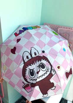 چتر چهارخونه لبوبو صورتی کیوت