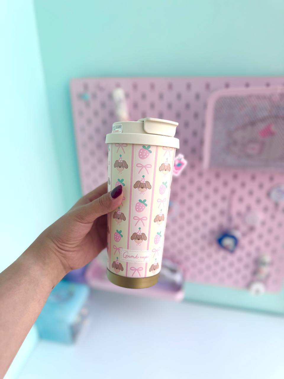 تراول ماگ پاپیون دار کیوت صورتی پاستلی