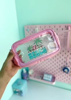 کیف لوازم آرایش مستطیلی شفاف صورتی