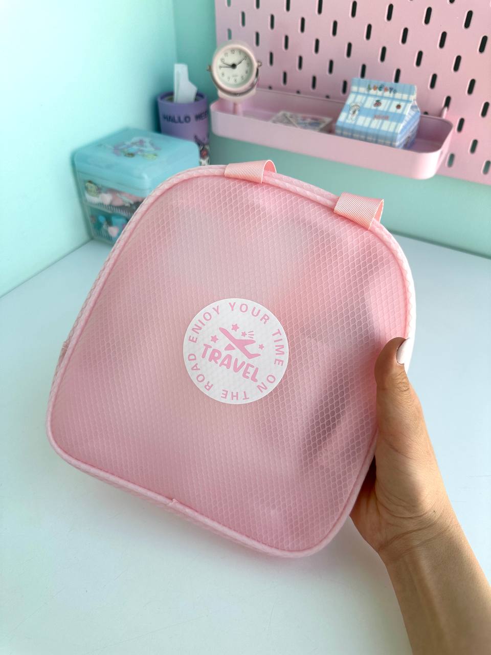 کیف لوازم آرایش توری صورتی پاستلی