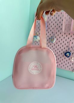 کیف لوازم آرایش توری صورتی پاستلی