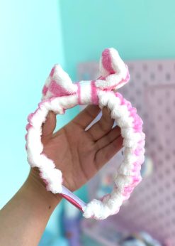 هدبند حوله ای پاپیون دار سفید صورتی