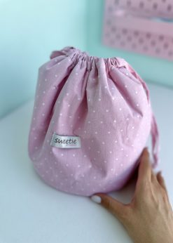 کیف آرایشی استندی خال خالی صورتی پاستلی