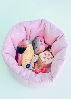 کیف لوازم آرایشی استندی خال خالی صورتی